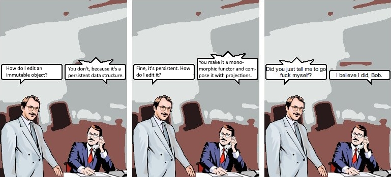 Bob: How do I edit an immutable object Other man: You don't, because it's a persistent data structure. Bob: Fine, it's persist. How do I edit it? Other man: You make it a monomorphic functor and compose it with projections. Bob: Did you just tell me to go fuck myself? Other man: I believe I did, Bob.