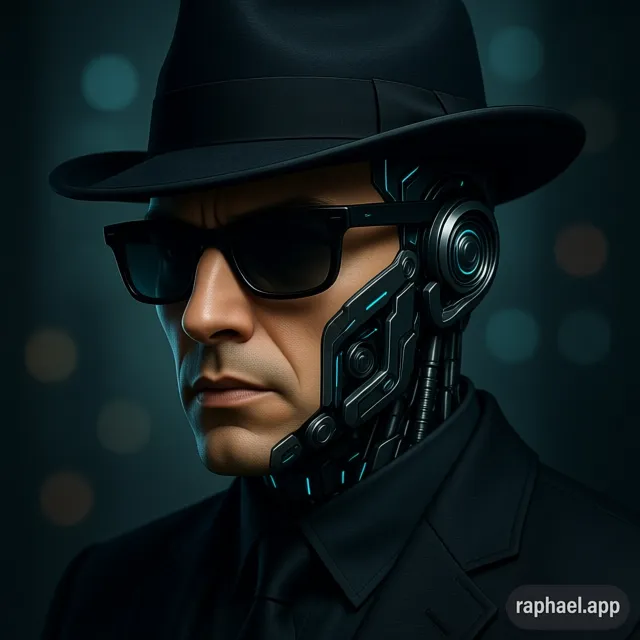 A portrait of a digital secret agent with hat and dark glasses, humanoid but with some robotic features.